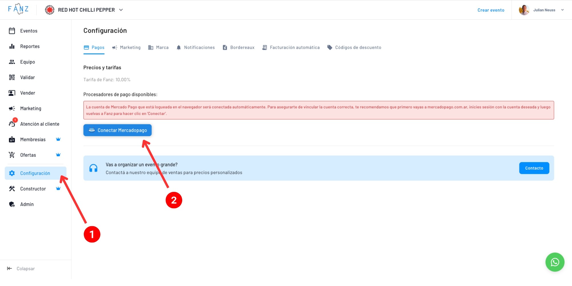 IMAGEN DE LA SECCIÓN DE CONFIGURACIÓN DE MERCADO PAGO