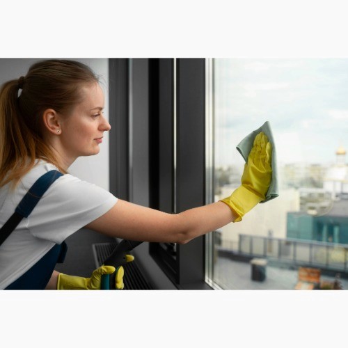 custodian cleaning tall window