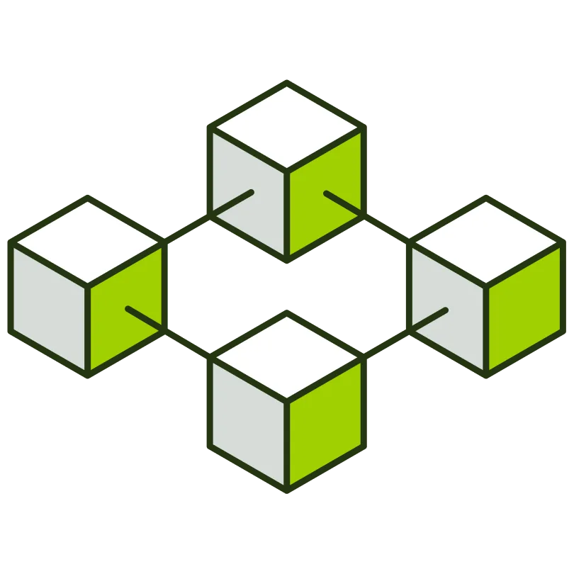 3D illustration of connected cubes forming a network, representing real-time order status and accounting integration.