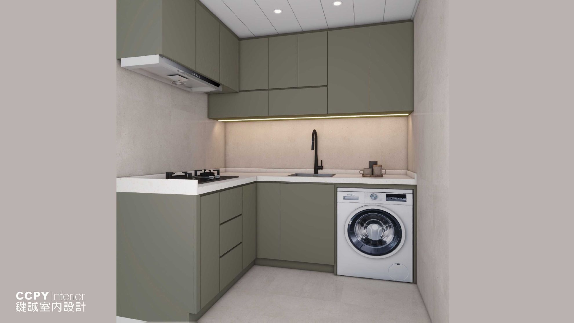 Modern L-shaped kitchen with gray cabinets and appliances.