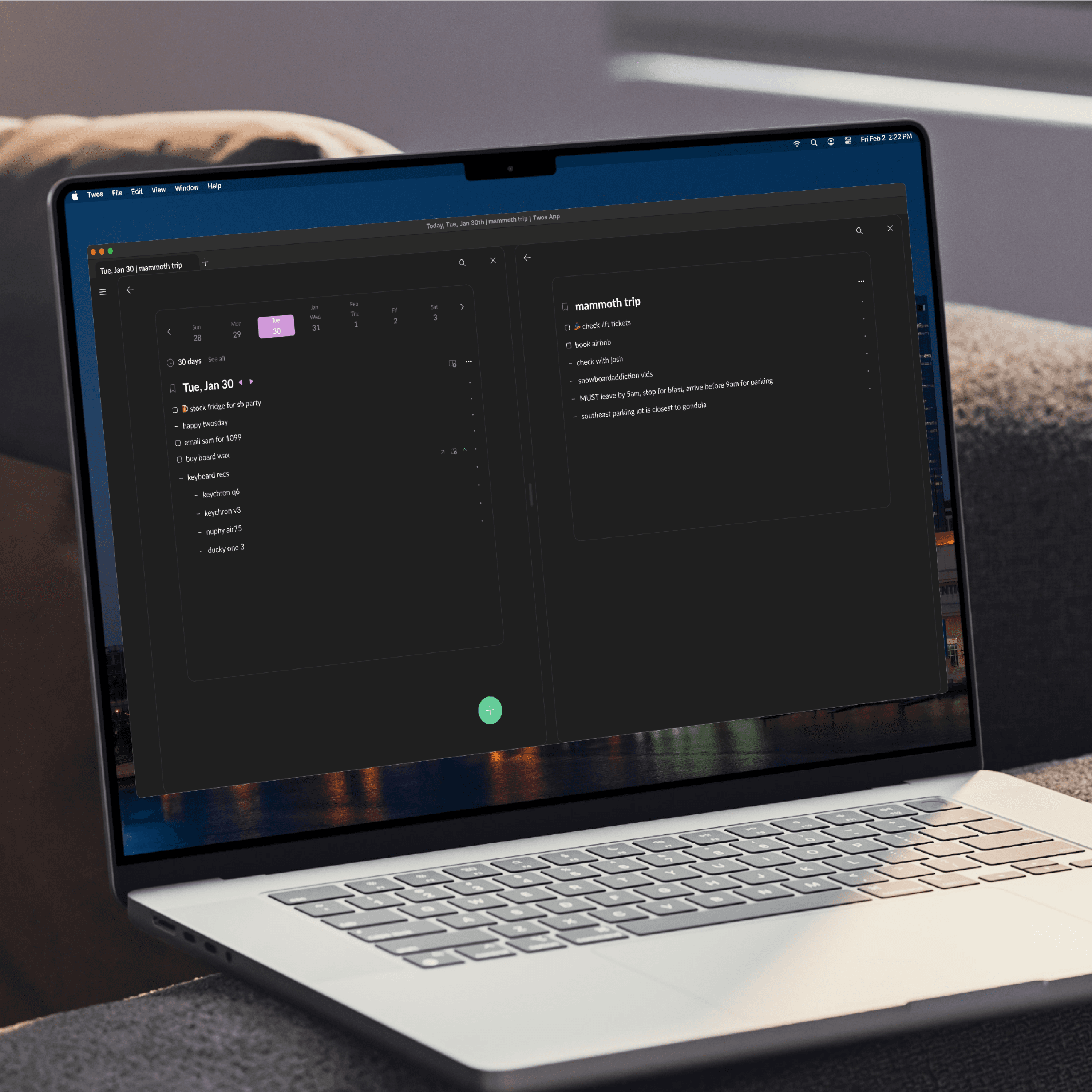 Twos desktop app mockup: split view of Today and list