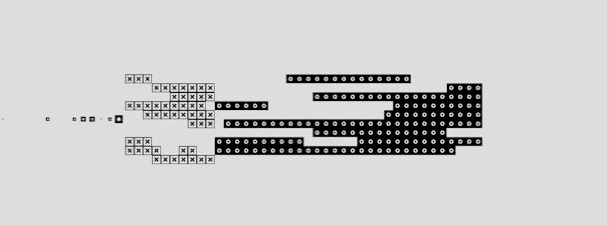 Cellular automaton pattern showing a glider gun from Conway's Game of Life, with black and white squares forming a dynamic, diagonal-moving structure.