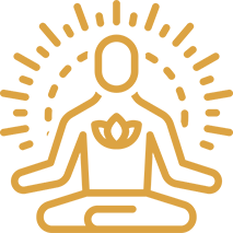A simple golden outline of a person meditating with rays of light surrounding them.