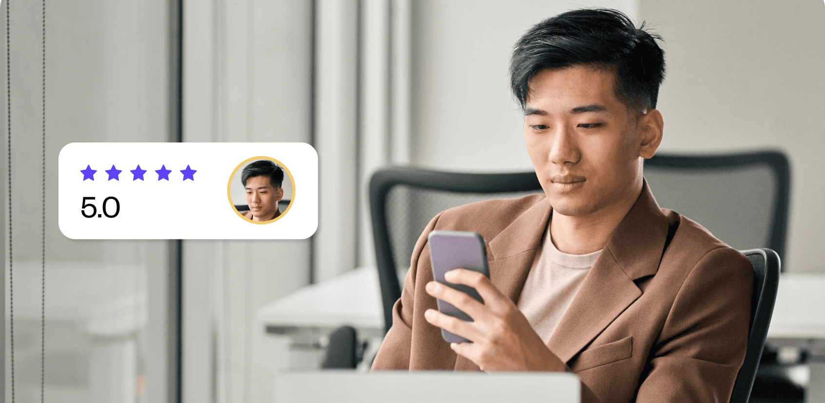 Man using phone with rating overlay - AI Customer Experience Examples