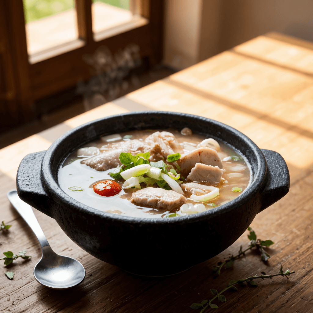 product photography of a bowl of soup with meat and vegetables