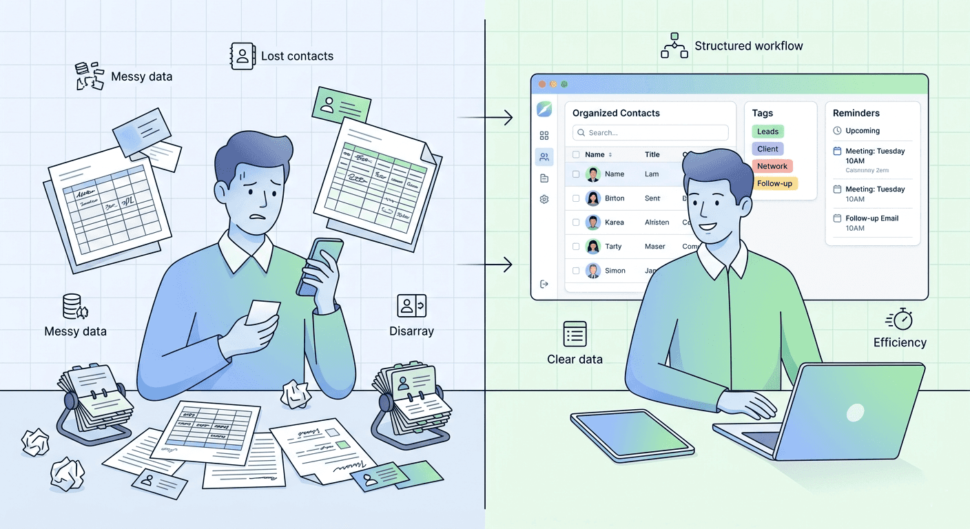 Organizing business contacts from scattered cards and spreadsheets into a clean digital system
