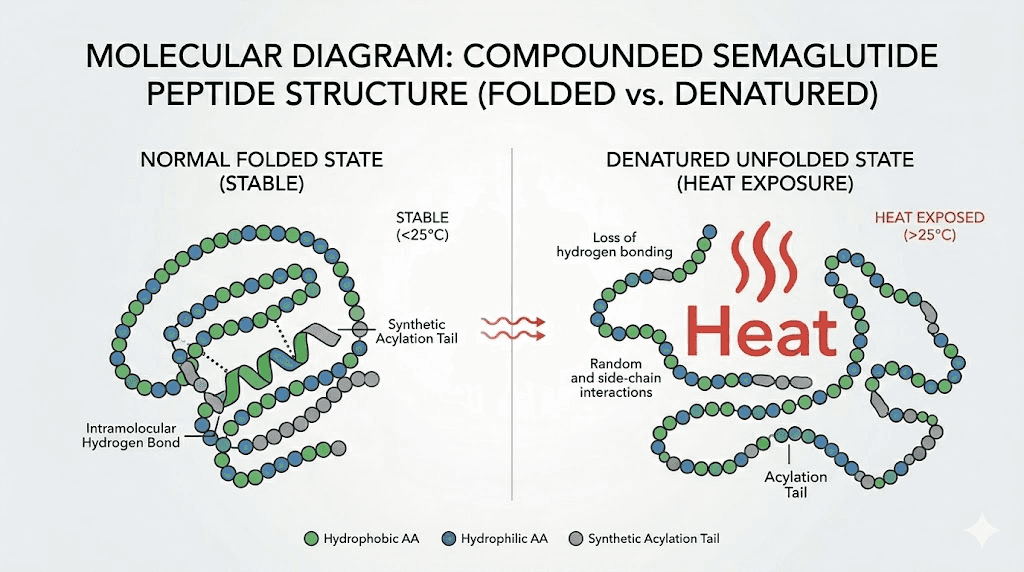 Semaglutide peptide structure comparison between properly stored and heat-damaged molecule
