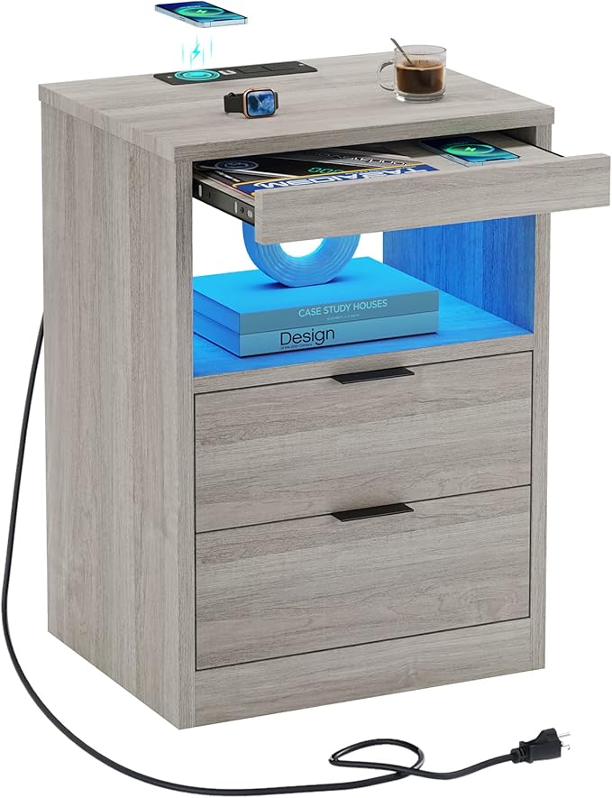 Gray nightstand with charging station – A stylish and functional furniture piece, perfect for any modern home.