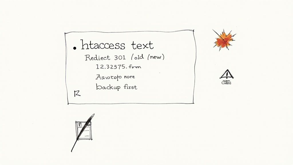 An illustration of a server rack with a focused highlight on a configuration file, symbolizing the .htaccess file.