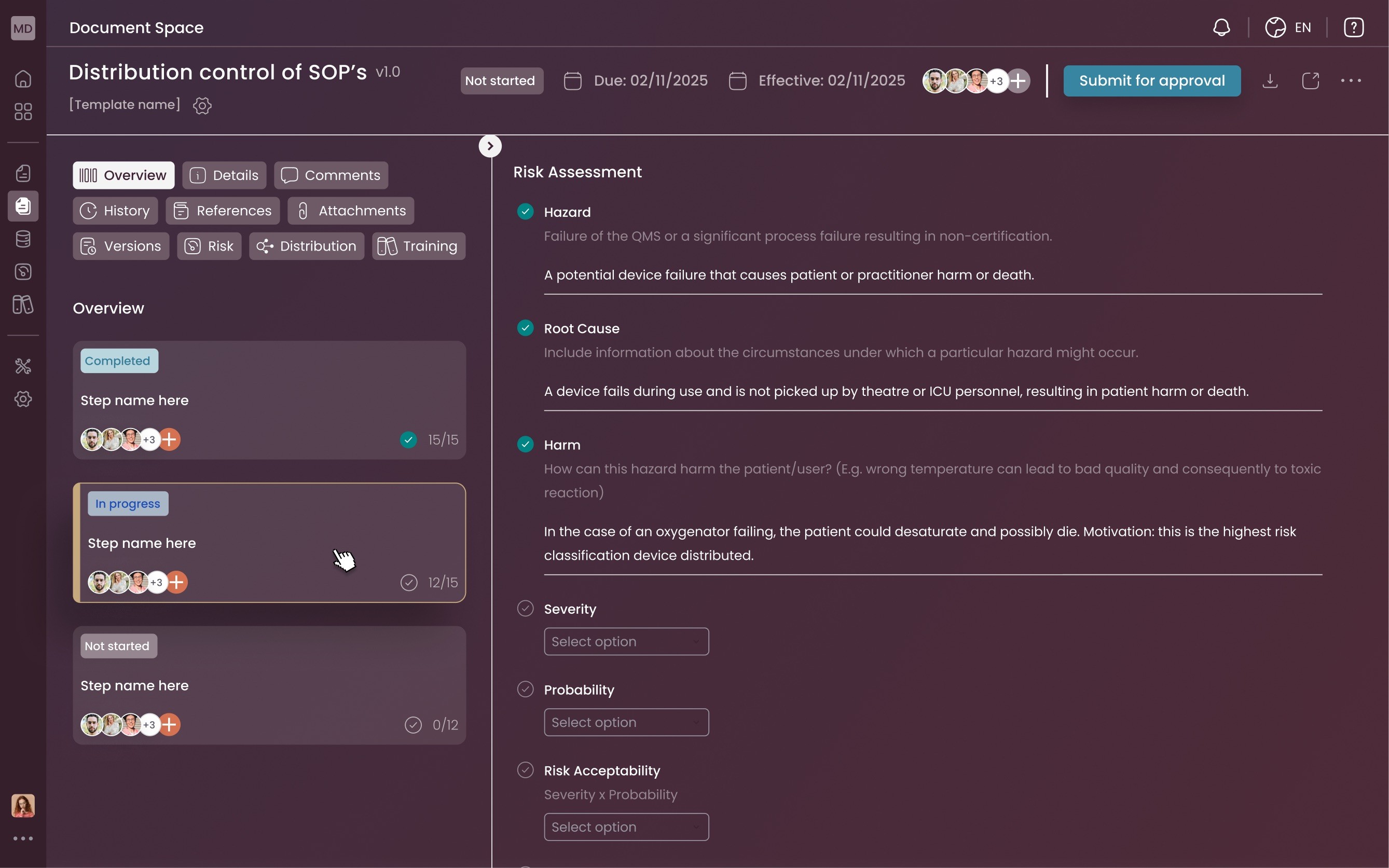 A controlled procedure with risk assessment in Playbook® eQMS