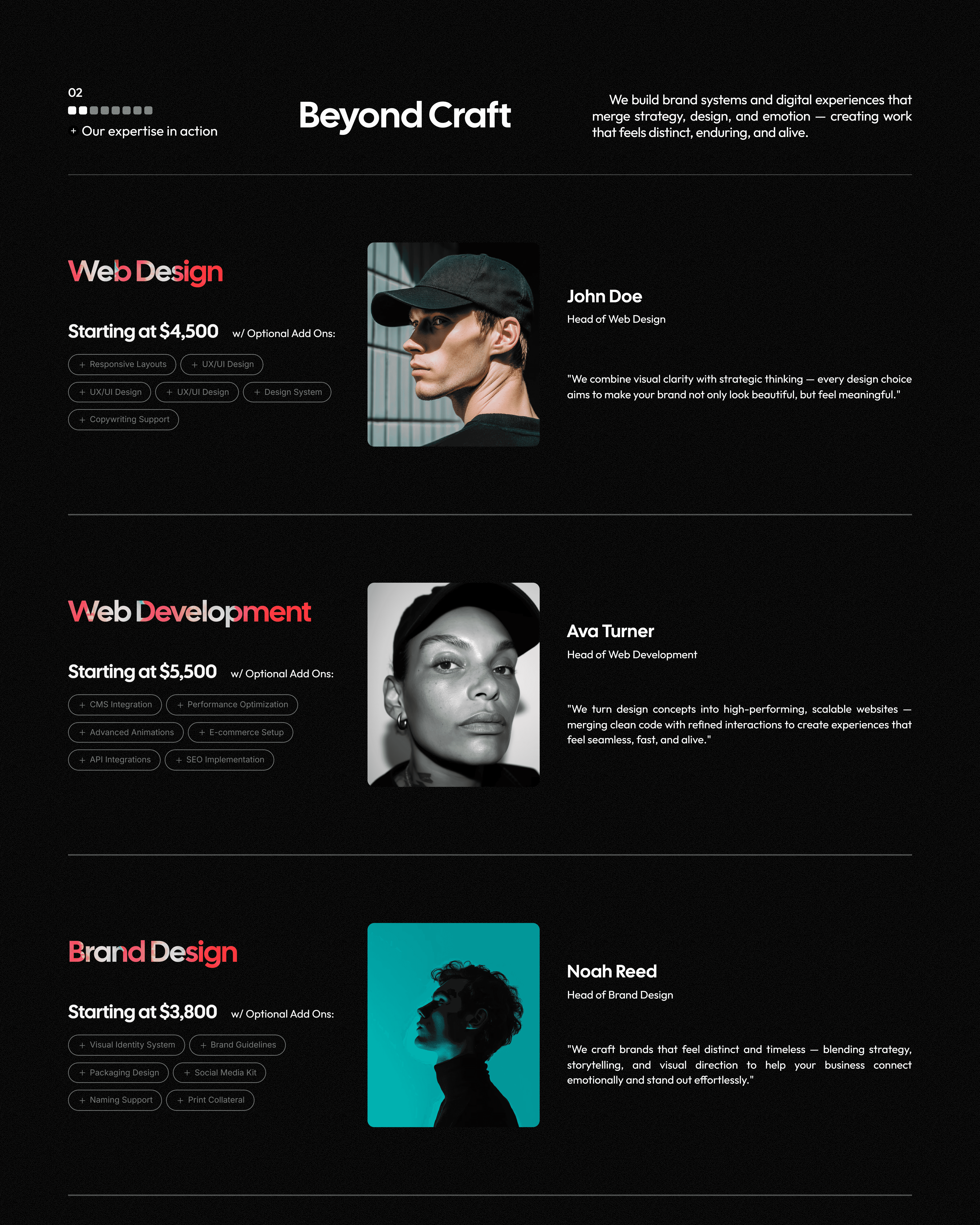 Services section titled "Beyond Craft" on a black background. It features three cards for Web Design, Web Development, and Brand Design, each showing a starting price, a list of add-ons, and a profile photo of the department head.