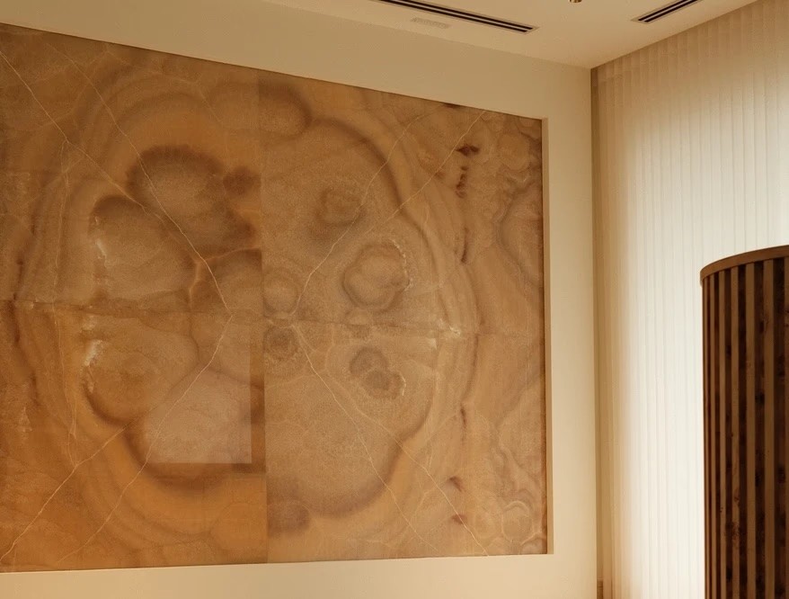 Artistic wood wall panel with natural knots and textures, modern living room renovation Singapore