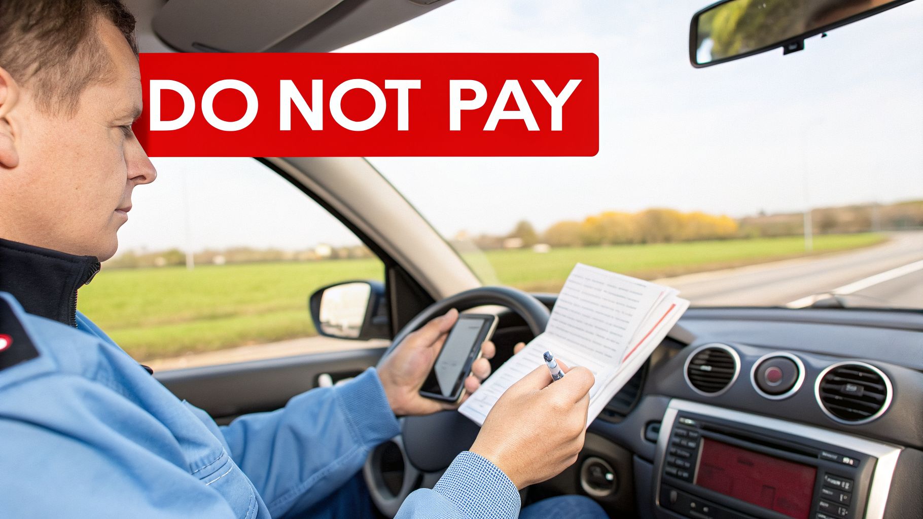 Officer in uniform inside a car holding a smartphone and notepad, with a red 