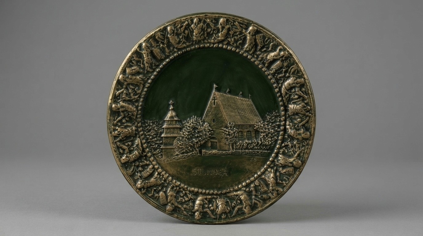 Grön keramisk väggtalrik som föreställer Sjundeå S:t Petri kyrka och klockstapel.