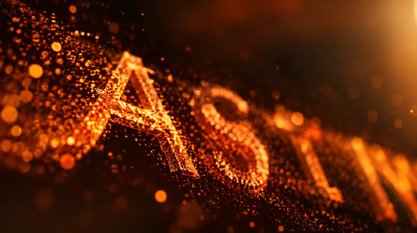 Abstract macro shot of glowing orange text characters dissolving into light particles