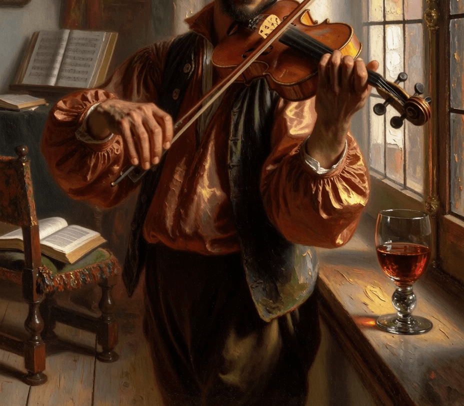 A classical oil painting of the upper body of a man in a rust-orange doublet playing a violin with a bow, with an open sheet music book on a carved chair behind him and a glass of red wine resting on the windowsill to his right.