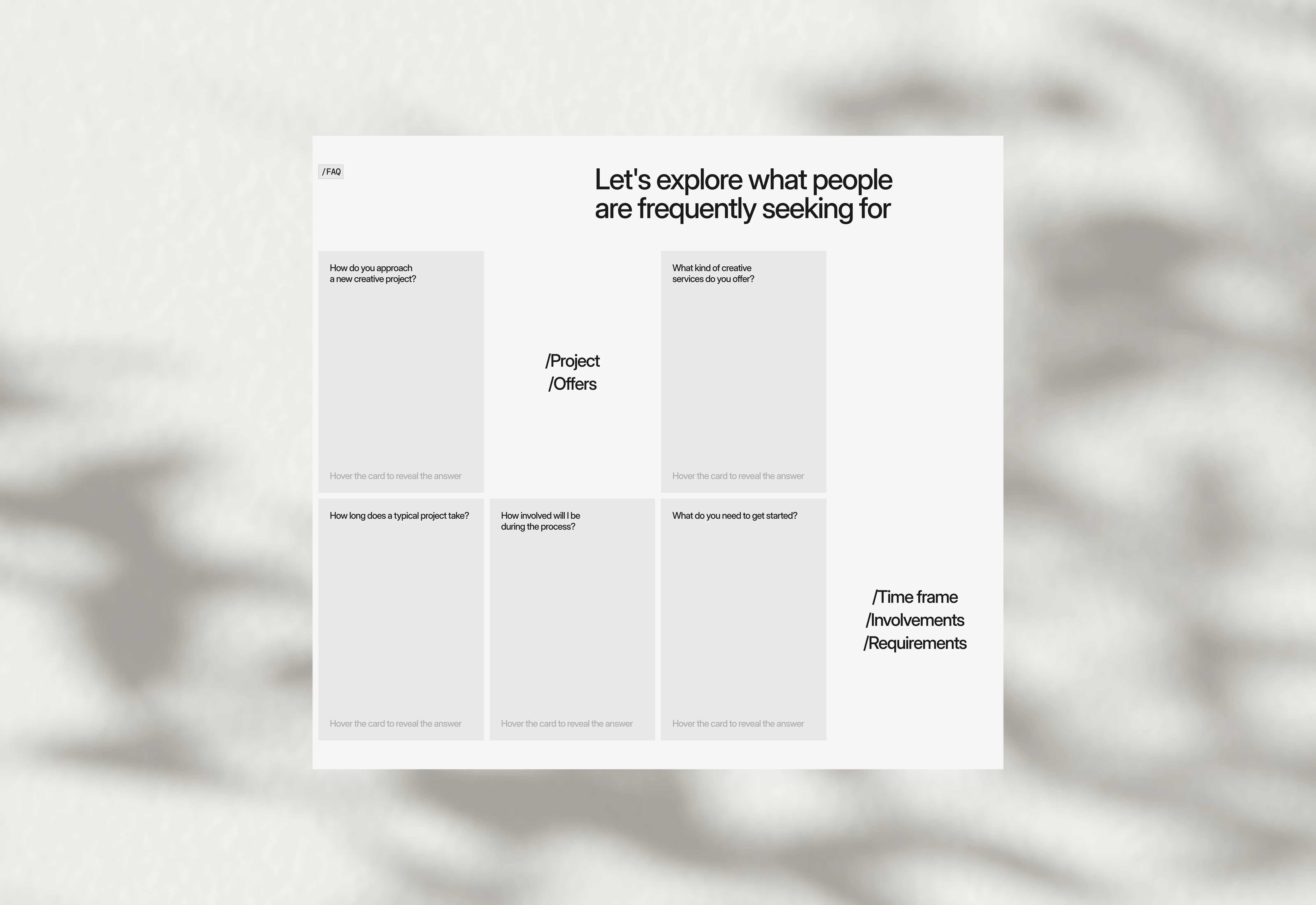 A light themed FAQ section that contains flip cards which flips on hover interaction.