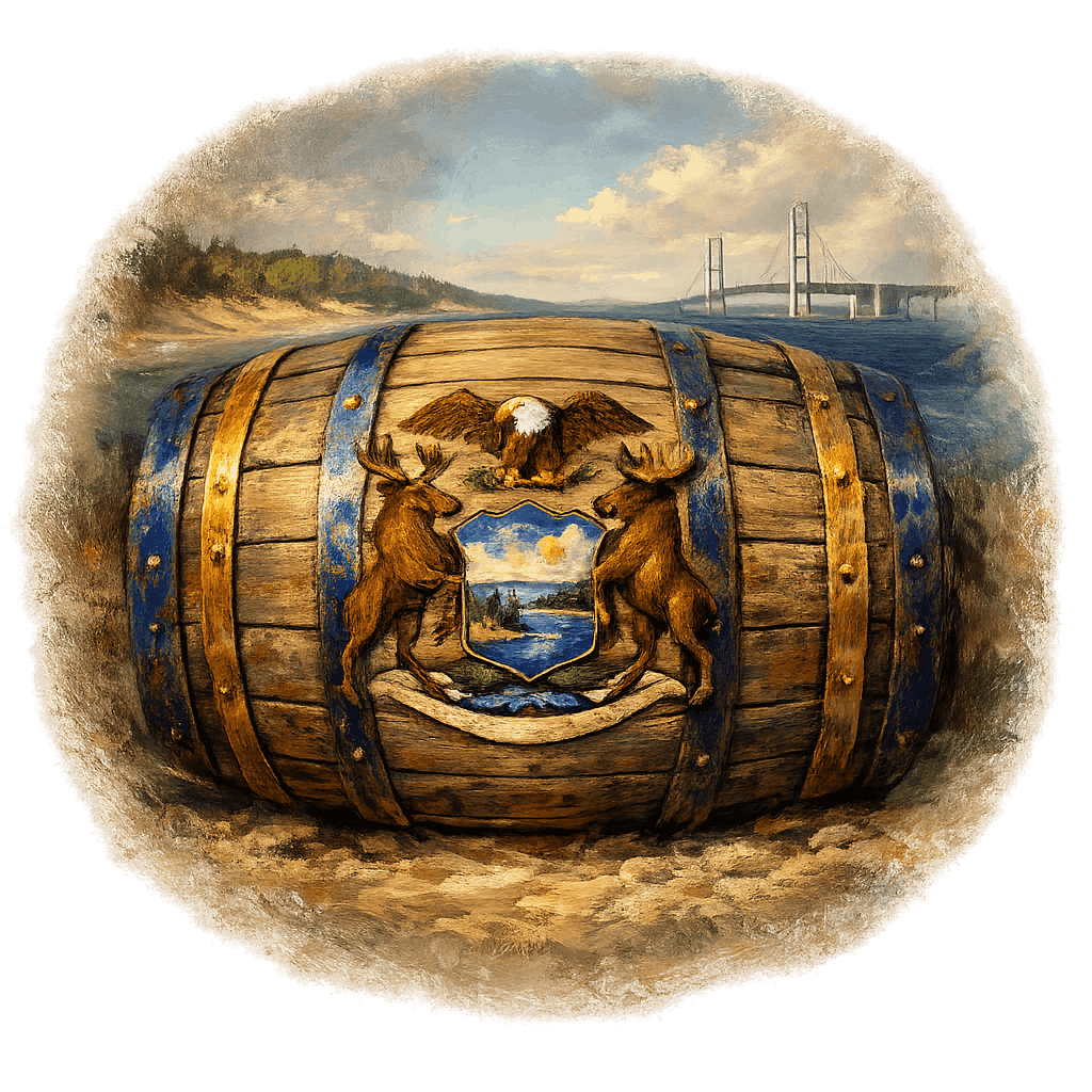 Wine barrel featuring the Michigan national emblem for regional wine education.