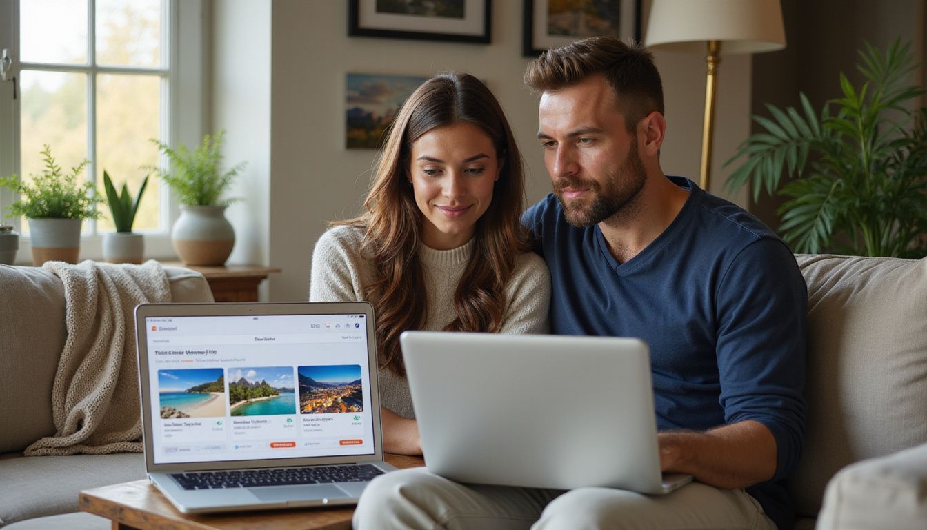 A couple explores vacation options on a laptop in their living room.