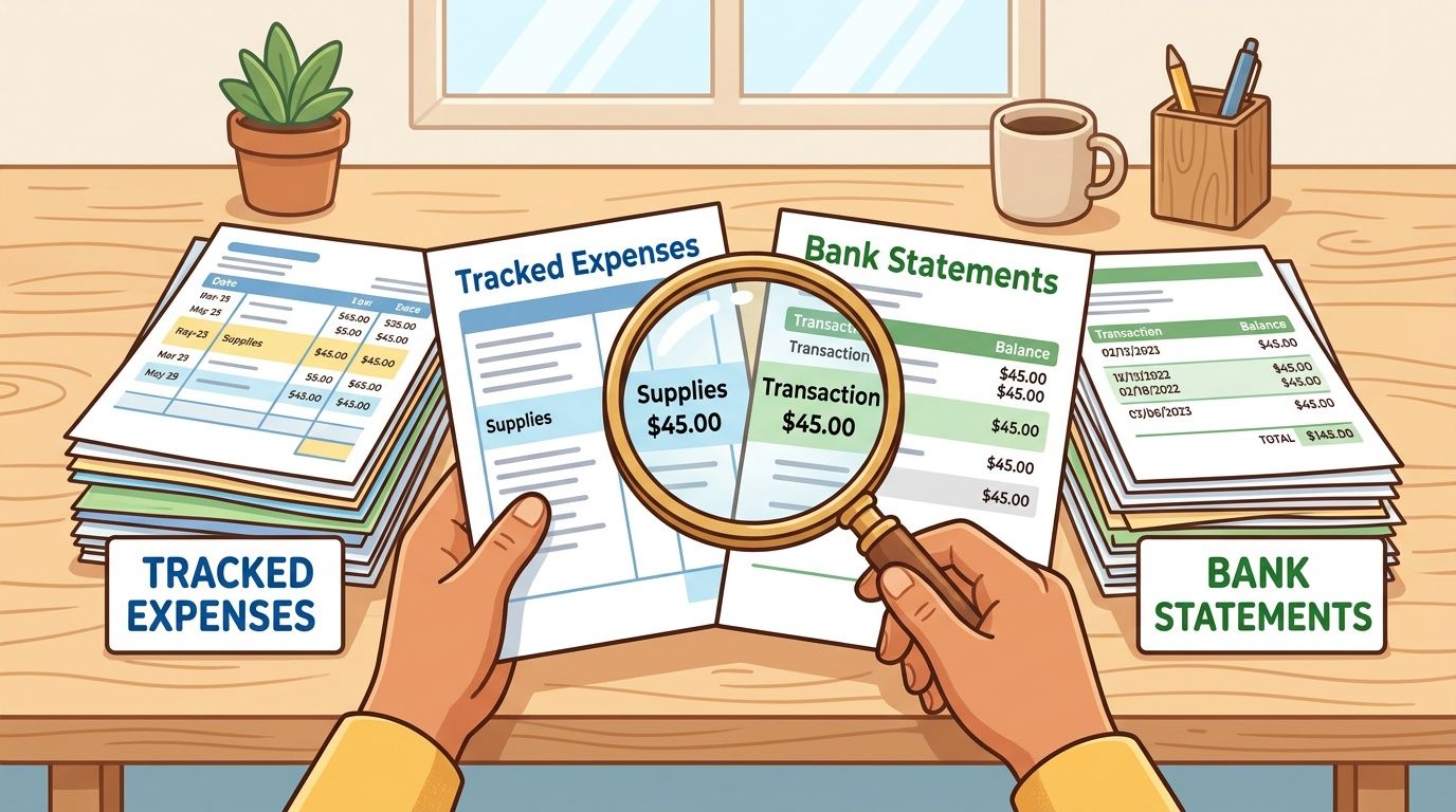 A person comparing tracked business expenses and bank statements using a magnifying glass on a desk.