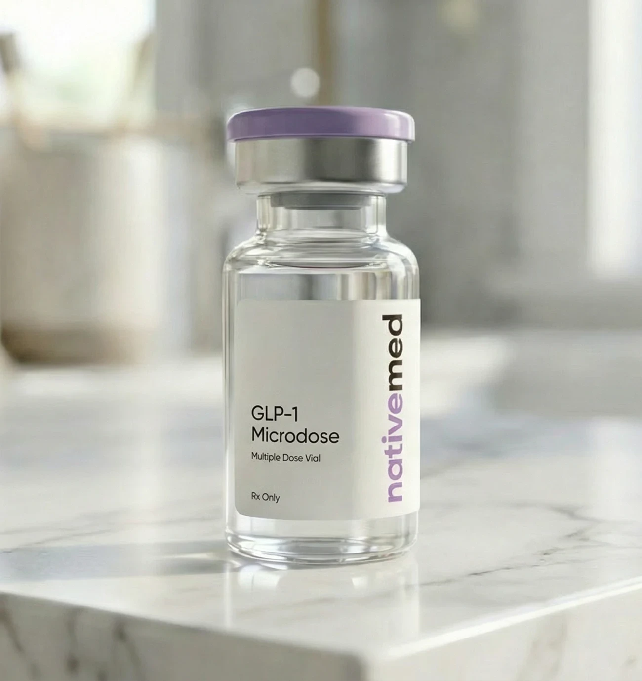 GLP-1 Microdose vial standing on a kitchen counter