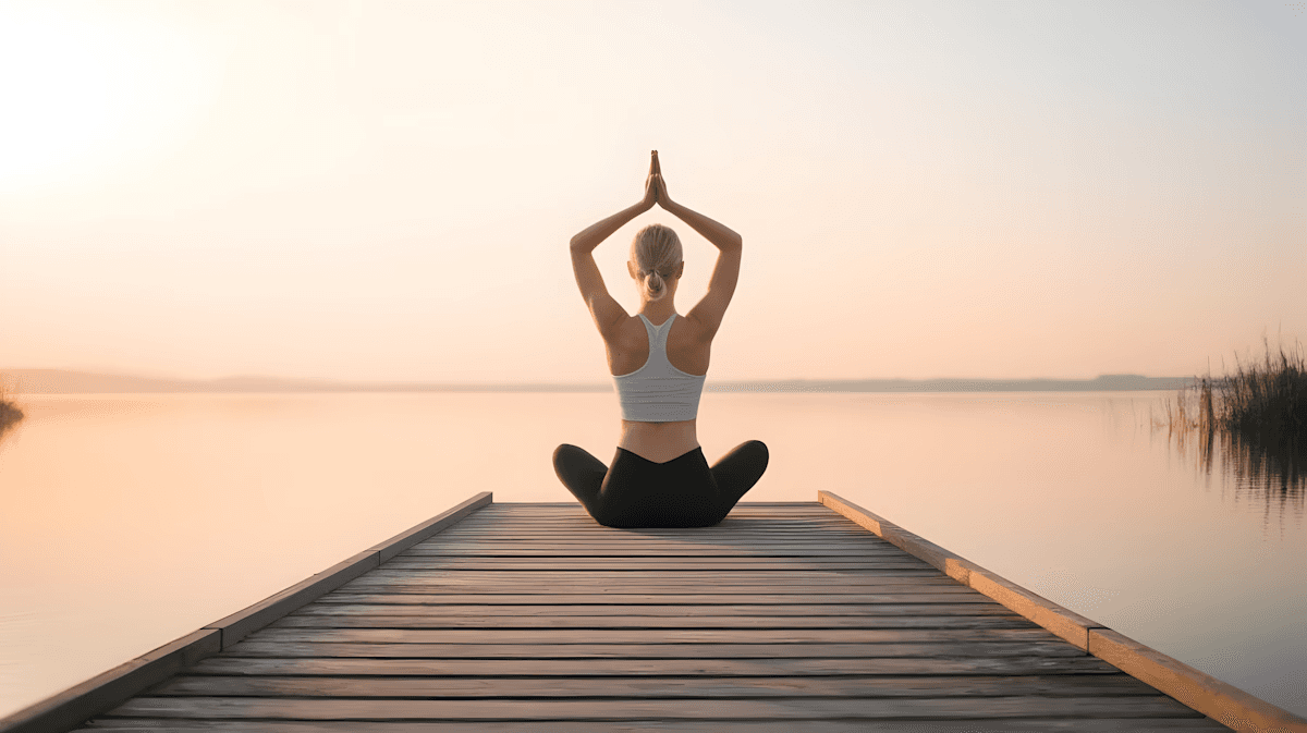 Woman sitting at the wooden peice around the lake and doing meditation