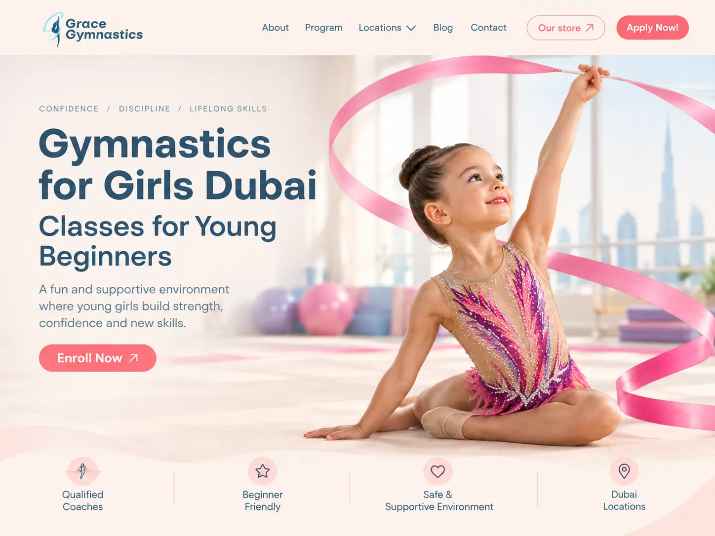 Young girl practicing gymnastics with a pink ribbon in a bright Dubai studio, promoting gymnastics classes for young beginners at Grace Gymnastics.