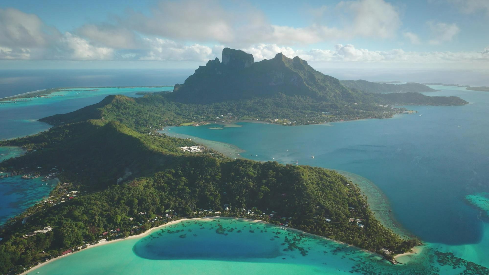 Bora Bora lagoon and green mountains in French Polynesia