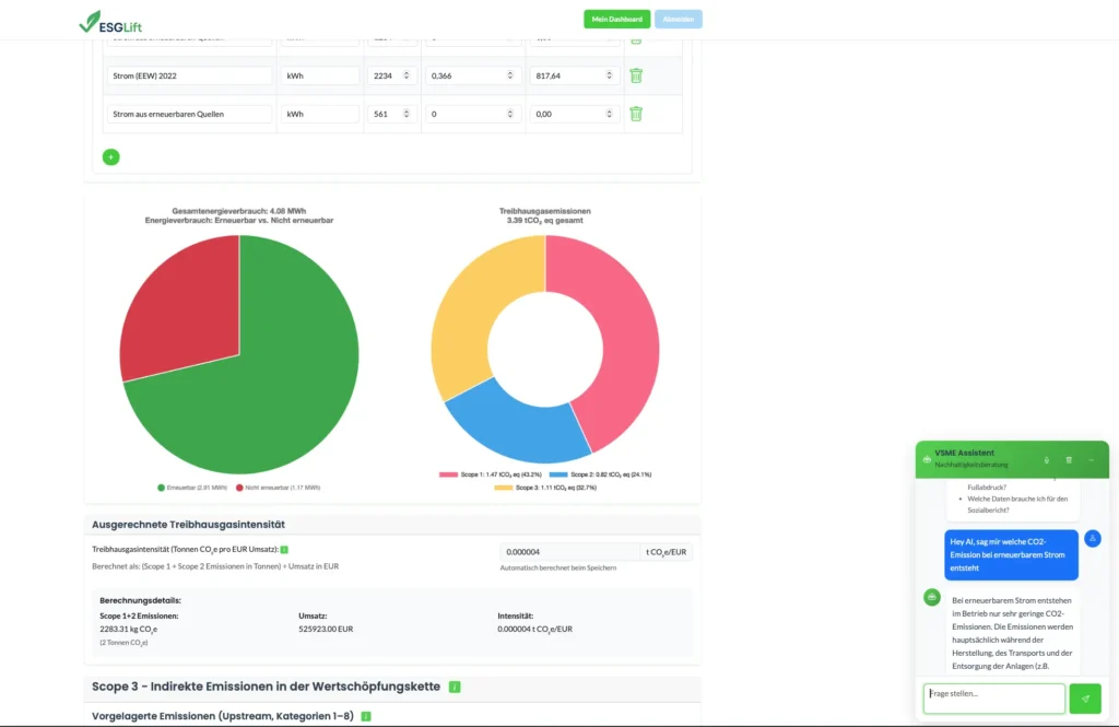 ESG scorecard interface with 80% rating and green progress bar, labeled “Run AI”
