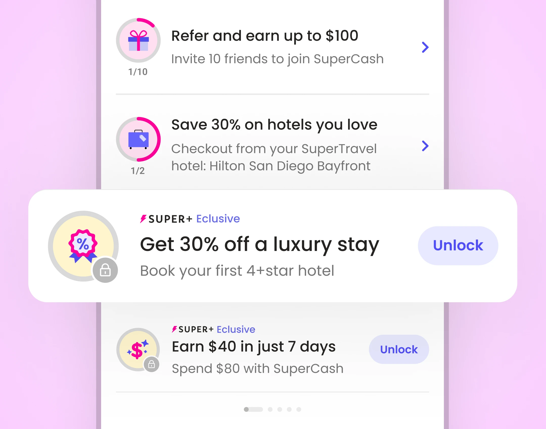 UI mockup of Super.com’s Missions showing exclusive Super+ rewards like 40% off luxury stays and $40 cashback, demonstrating how tiered missions encouraged upsells and deeper engagement.