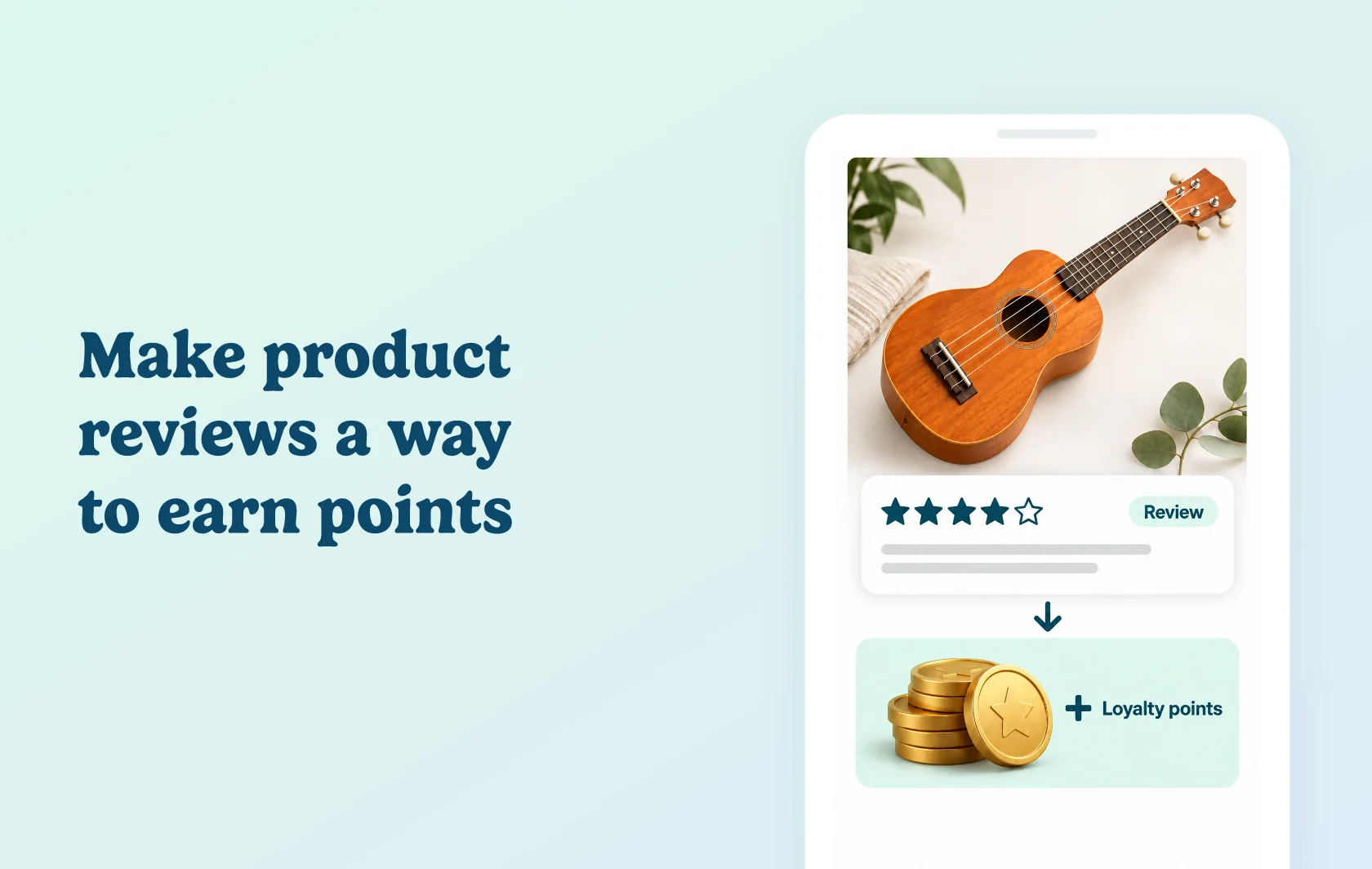 Judge.me and Appstle Loyalty integration: illustration of a ukulele review connected to a loyalty points card inside a phone.