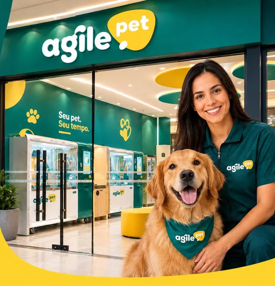 Licenciada Agile Pet com um golden retriever na porta de uma unidade