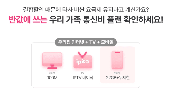 '반값에 쓰는 우리 가족 통신비 플랜' 안내 이미지입니다. 인터넷(100M), TV(IPTV 베이직), 모바일(22GB+무제한)을 하나로 합친 결합 상품 구성도입니다.