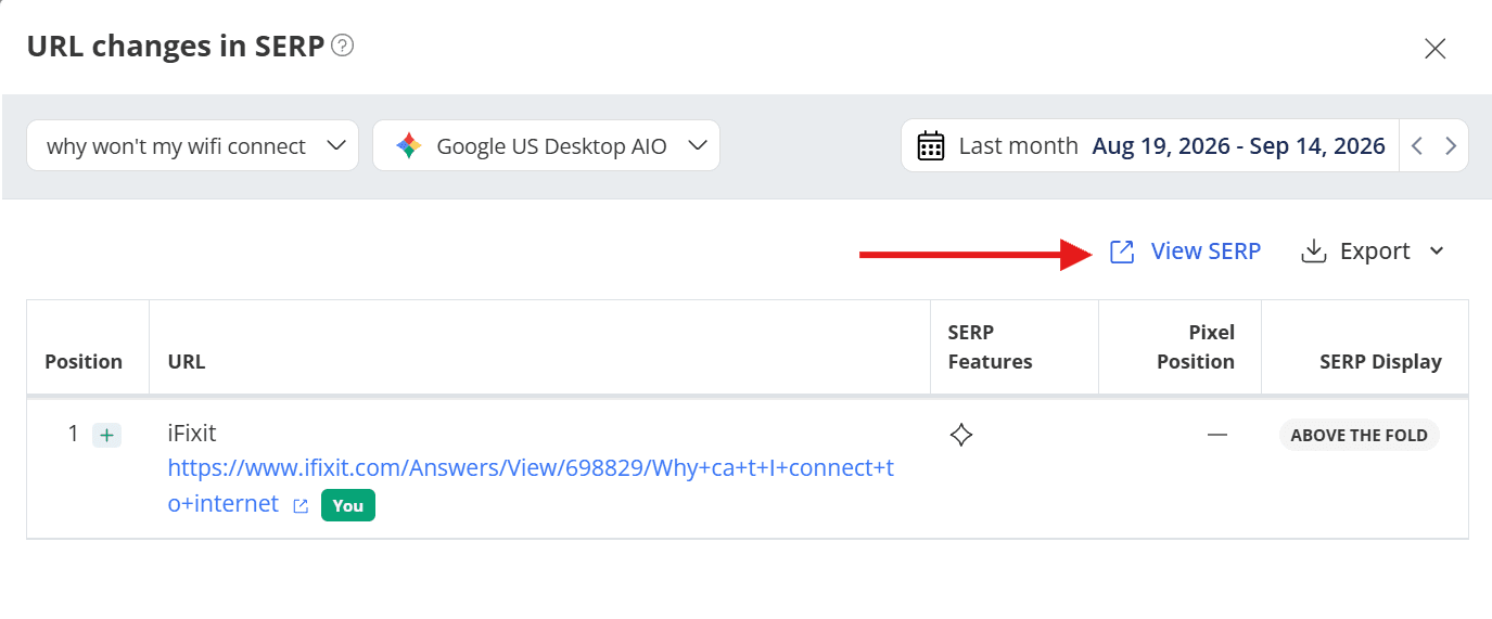 AWR URL changes in SERP panel for a keyword, with the View SERP action highlighted