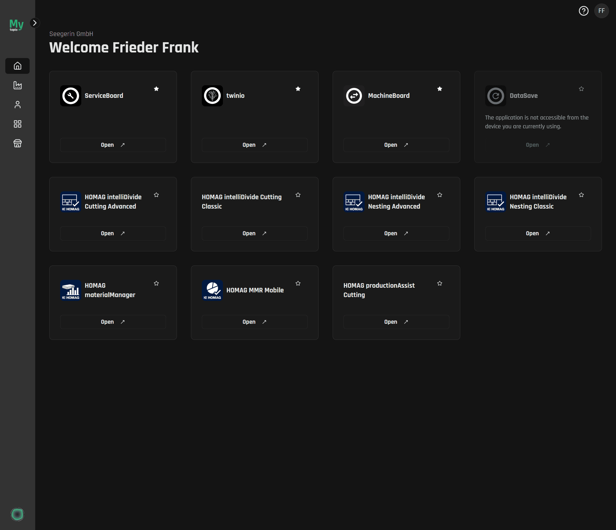 The home area in My tapio with SSO links to apps