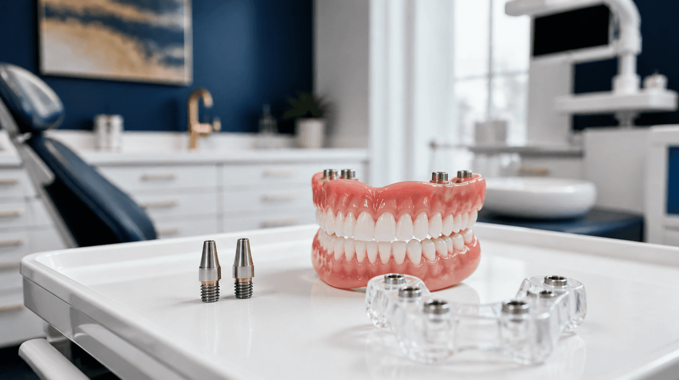 Implant-supported denture with titanium abutments and surgical guide on a clinical tray at a Smyrna dental practice