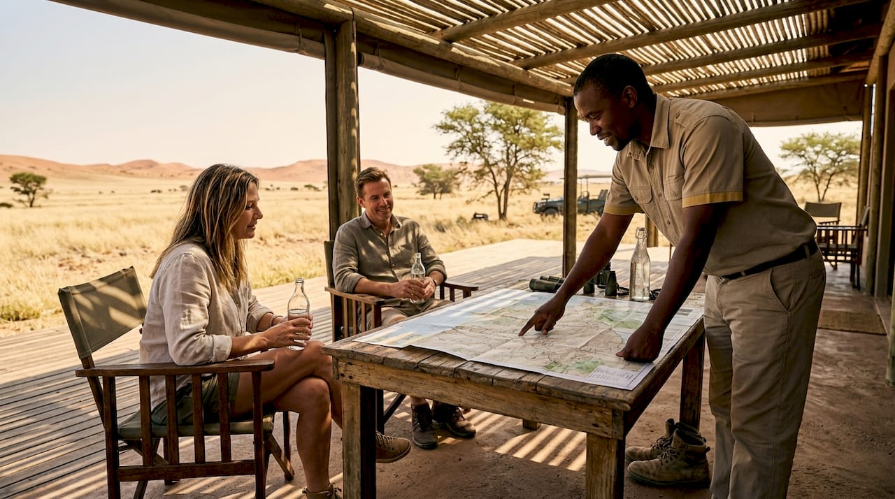 Safari guide briefing guests at desert lodge