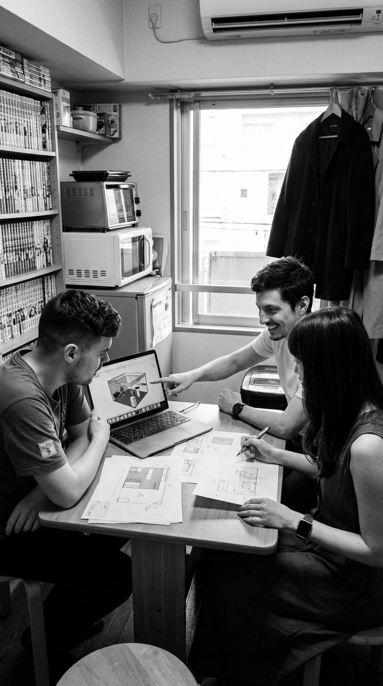 Black and white photo of two people looking at a computer screen with papers on wall