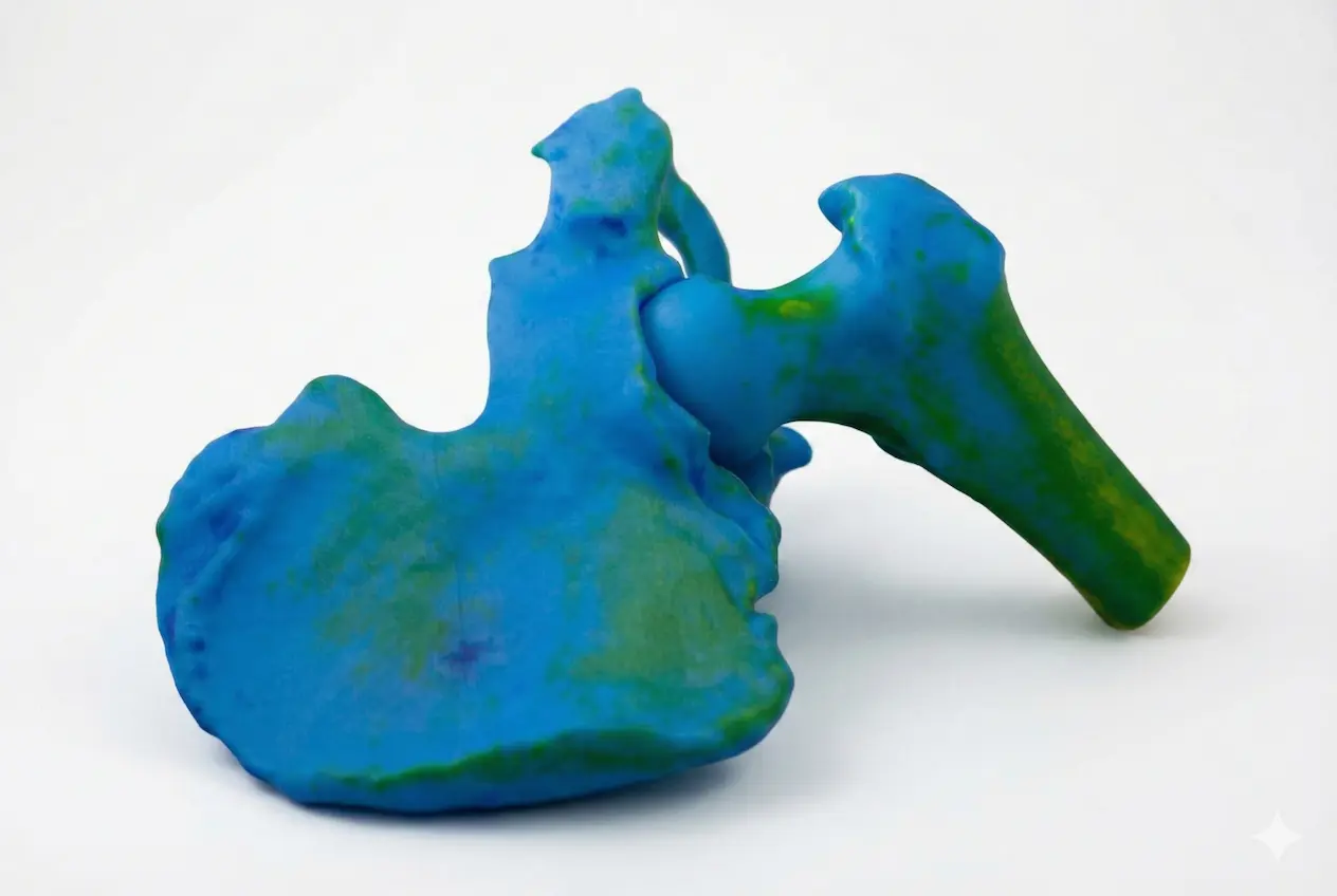 Modelo 3D da articulação do quadril impressa em 3D colorido