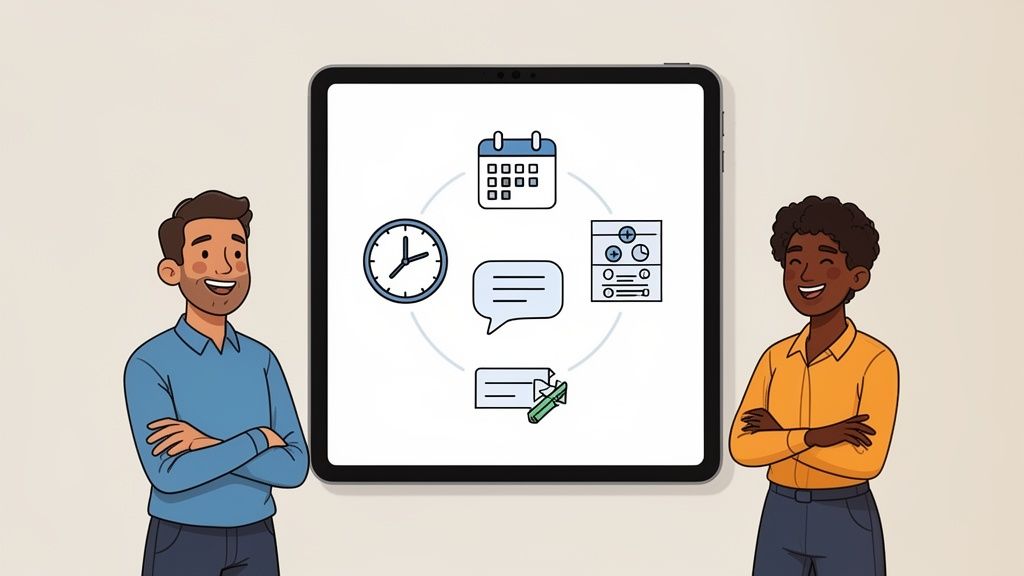 Two smiling professionals stand beside a tablet displaying icons for scheduling, time, chat, and task management.