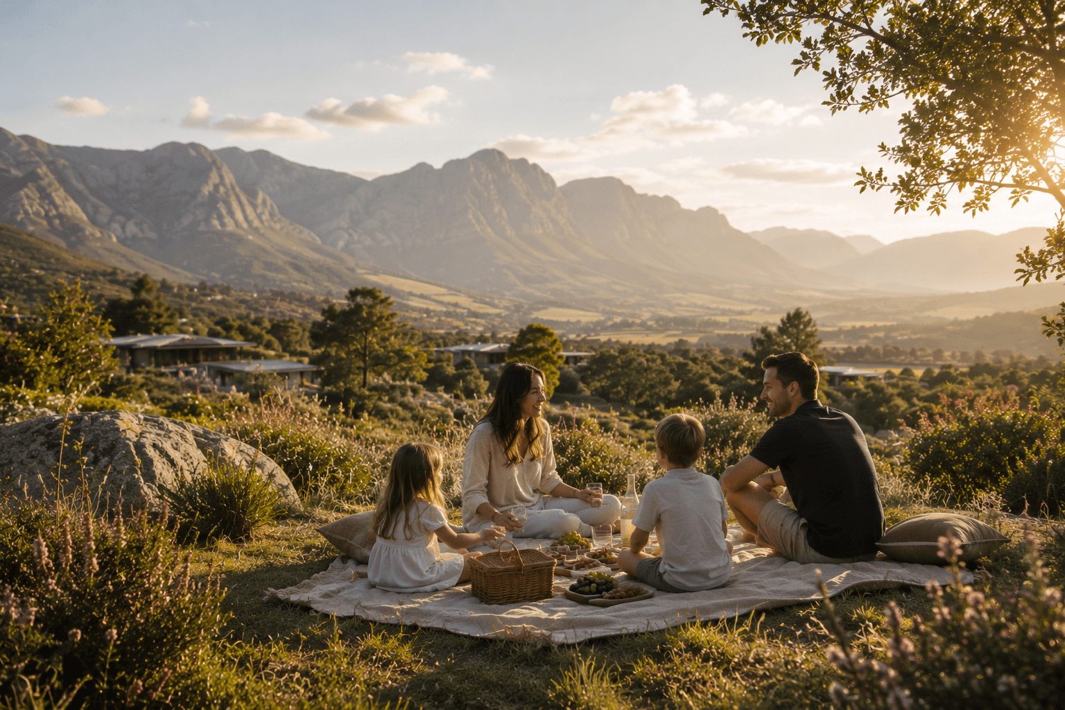 LANDSCAPE: fynbos in sharp foreground focus, Simonsberg mountain soft behind, late afternoon haze, proteas and restios visible