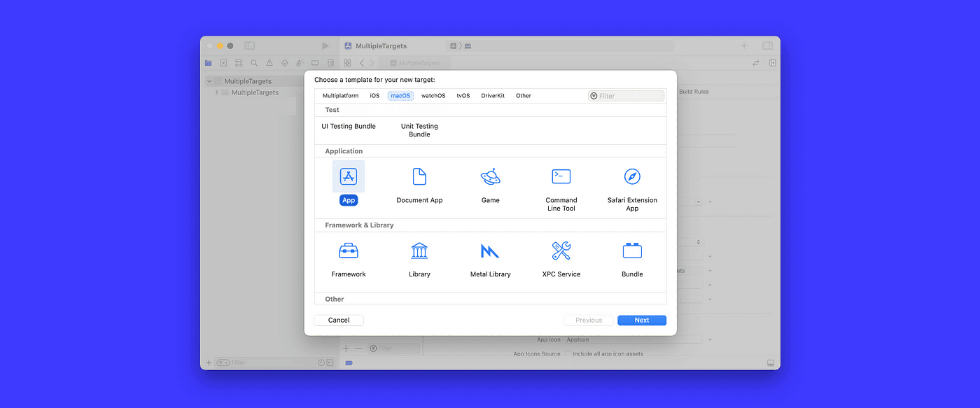 XCode template picker with app selected