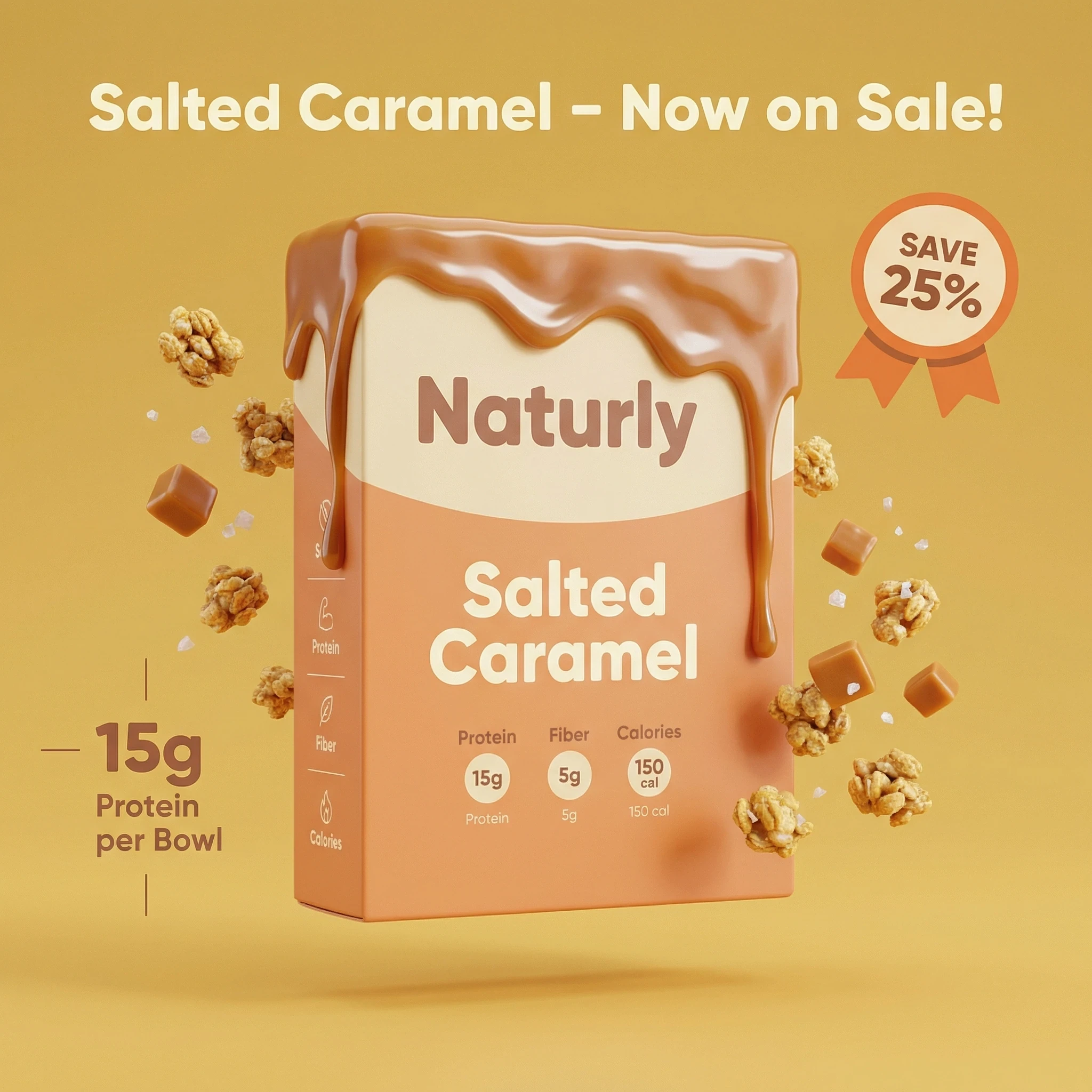 AI CPG product photography for salted caramel snack packaging with floating ingredients and studio lighting for online stores