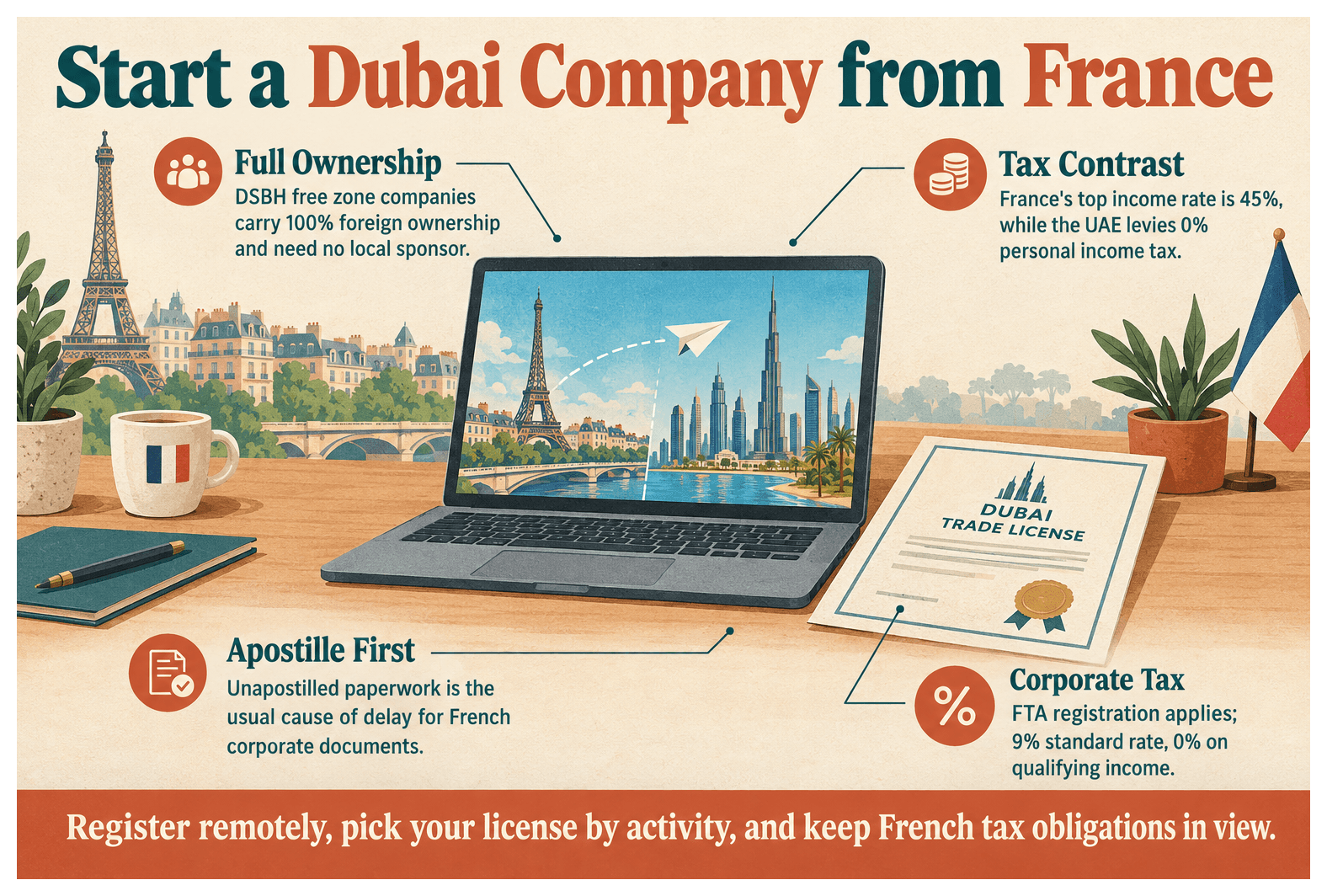 Infographic: Start a Business in Dubai from France: Cost, Tax and Ownership