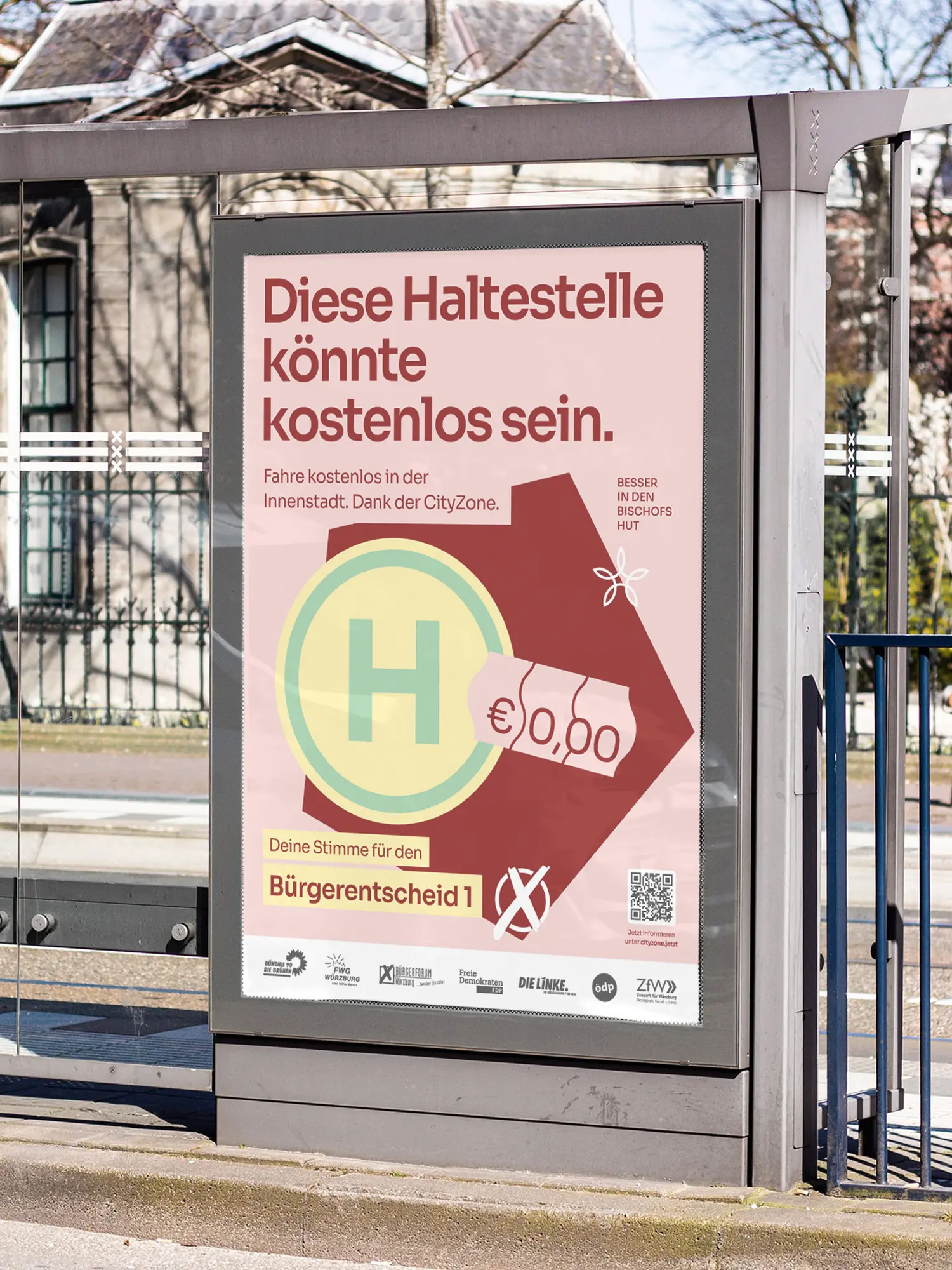 Bushaltestellen-Plakat „Diese Haltestelle könnte kostenlos sein“ mit H-Schild und 0-Euro-Ticket-Motiv.