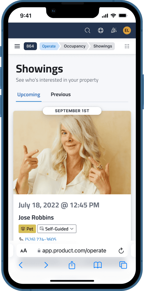 A smartphone displaying the Showings screen of a property management app. The screen features a header with the title Showings and a search bar. Below, there are upcoming and past showings listed with details such as date, time, property address, and prospective tenant names. Each entry includes buttons to reschedule or cancel. The sidebar menu on the left lists options like Home, Showings, Calendar, and Contacts.