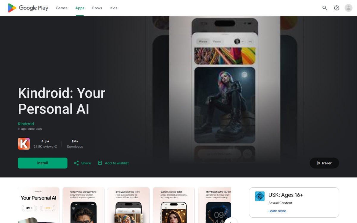 Kindroid’s Google Play listing, September 2026.