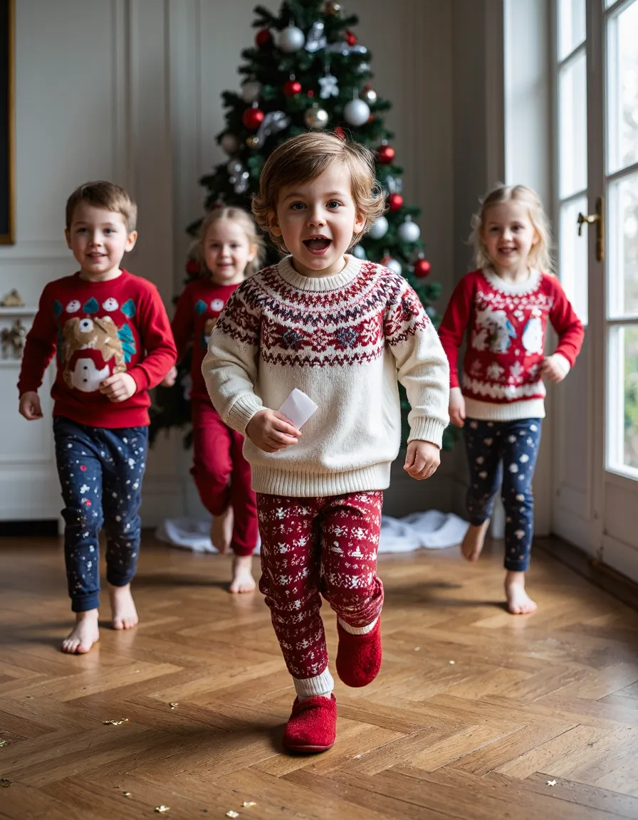 Four happy children in festive sweaters running and playing in front of decorated Christmas tree indoors
