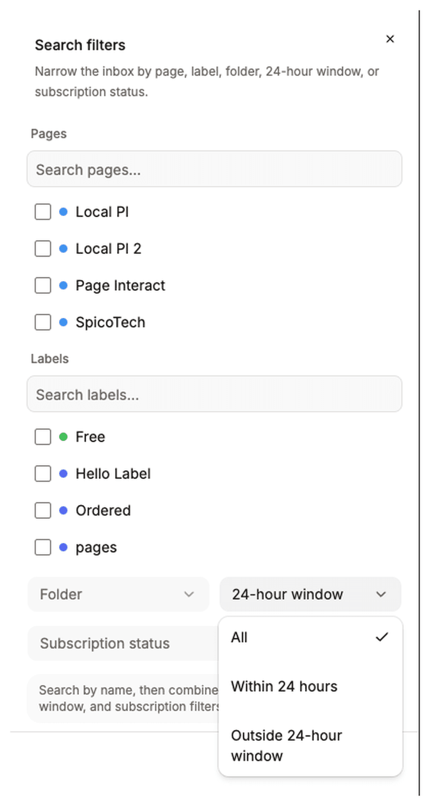 Inbox search filters with page and label checkboxes and the 24-hour window menu open.