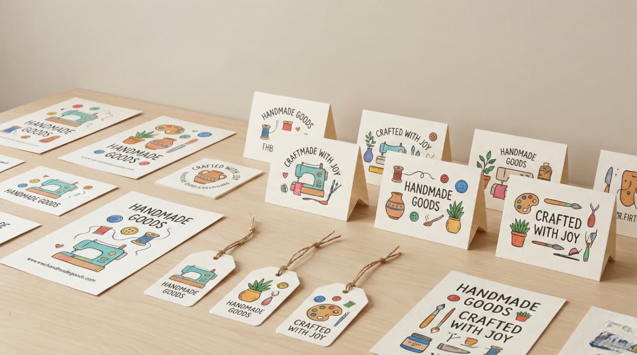 A collection of colorful handmade goods tags and cards on a wooden table. Designs feature plants, sewing machines, and the words "Handmade Goods," conveying a cheerful, creative vibe.